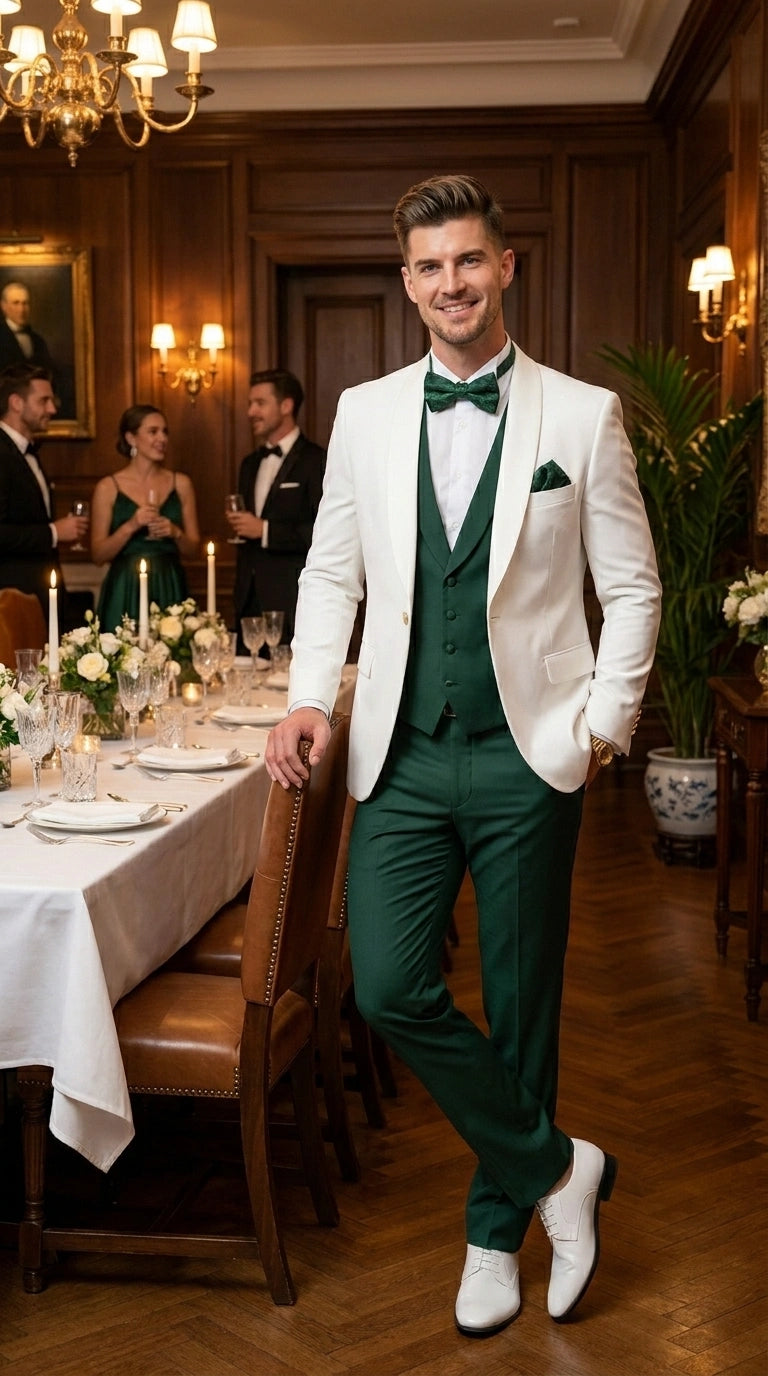 Men’s White and Hunter Green 3 Piece Suit – Elegant Formal Suit with Vest, Wedding Tuxedo Suit for Prom and Party Wear