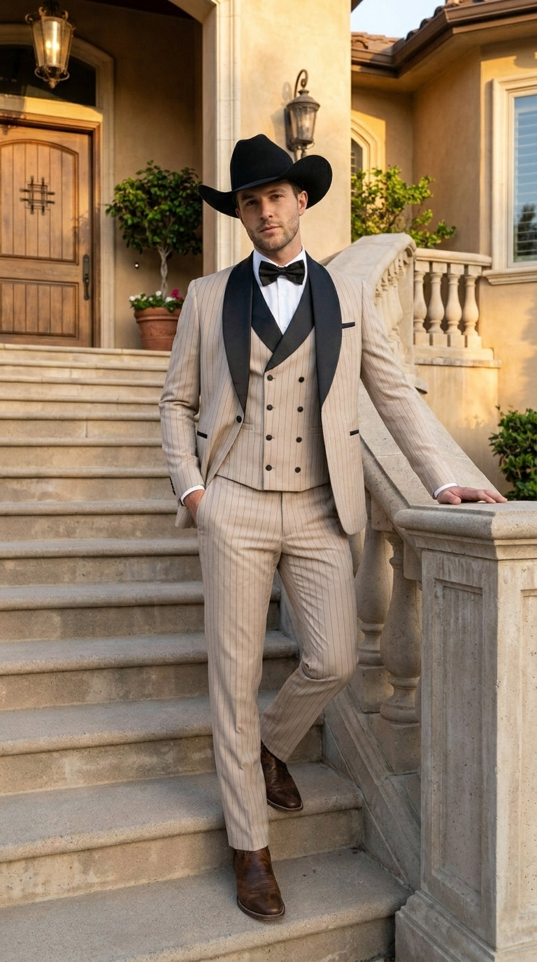 Men’s Beige Pinstripe Western 3 Piece Tuxedo Suit with Black Shawl Lapel, Formal Cowboy Wedding Prom Suit in Tan Khaki Color