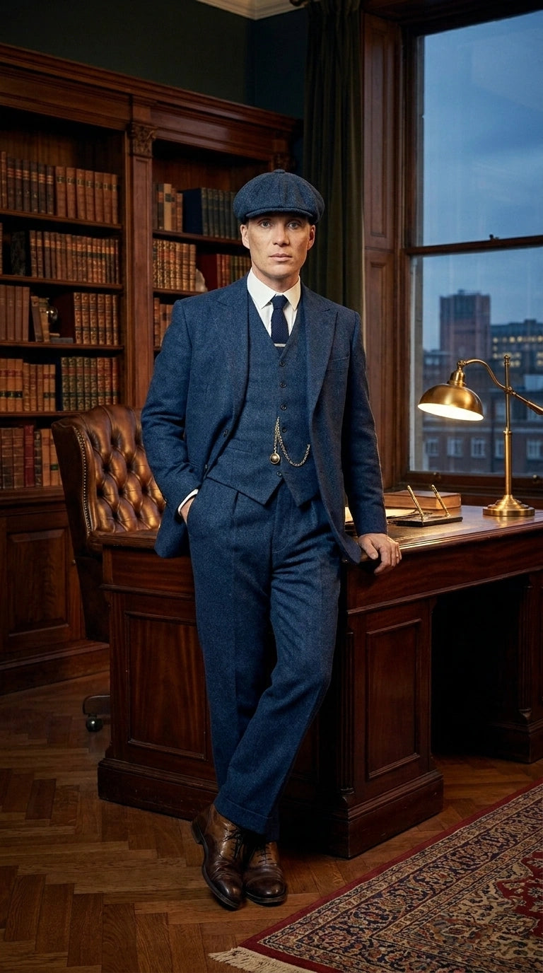 Men’s Blue 3 Piece Suit, Thomas Shelby Inspired Vintage Formal Suit Herringbone Tweed 1920s fabric