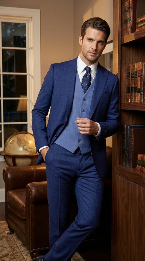 Vitalli Men’s Navy Blue 3 Piece Suit with Light Blue Vest, Textured Formal Dress Suit for Weddings, Prom, Business Events, and Parties