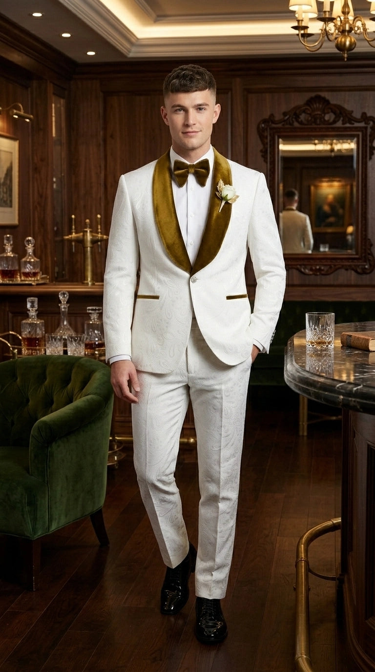 Men’s White Paisley 3 Piece With Vest Prom Tuxedo with Gold Velvet Shawl Lapel, Formal Wedding Suit Set