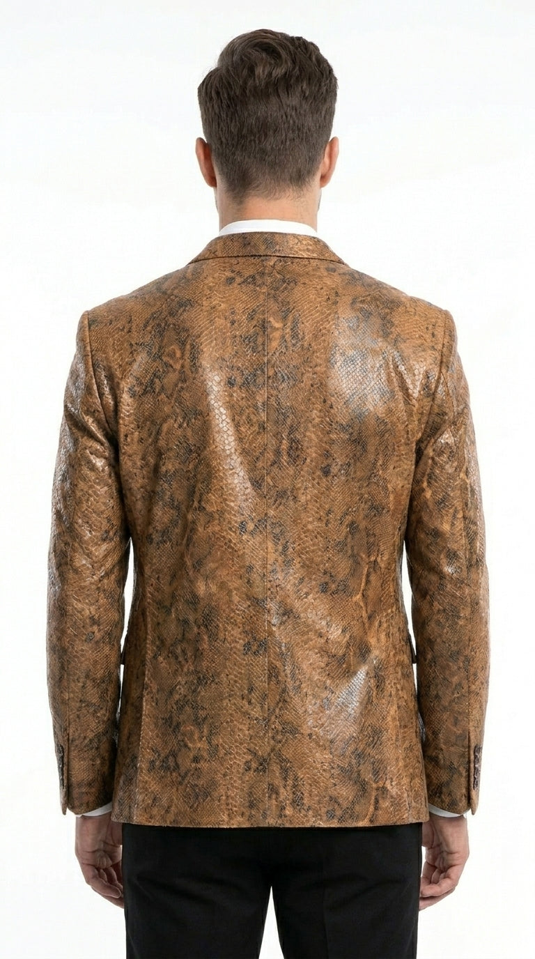 Men’s Brown Snakeskin Pattern Blazer – Stylish Exotic Print Formal Blazer Jacket for Party, Exotic Crocodile Alligator Print