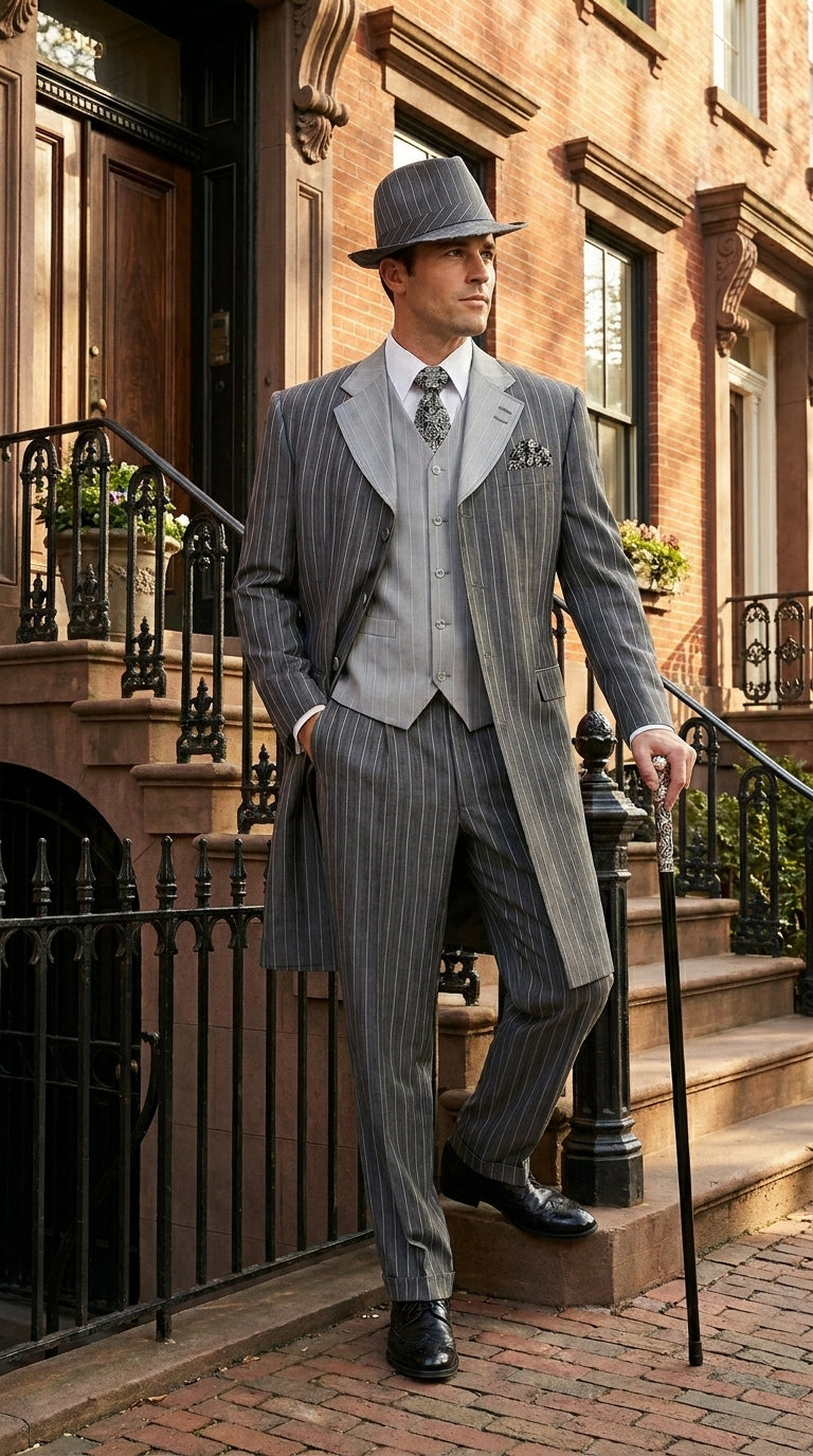 Men’s Grey Pinstripe Zoot Suit 3 Piece – 1920s Gangster Vintage Wide Lapel Suit with Vest for Wedding, Party