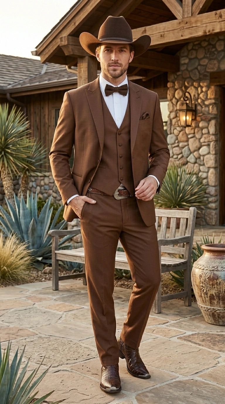 Men’s Light Brown Western Tuxedo 3 Piece Suit with Black Peak Collar Lapel, Country Look Cowboy Suit
