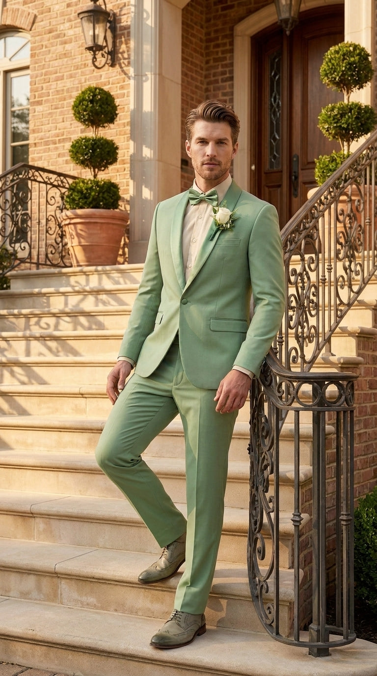 Mens Sage Green Wedding Tuxedo, Shawl Lapel Formal Groom Prom Tuxedo Suit