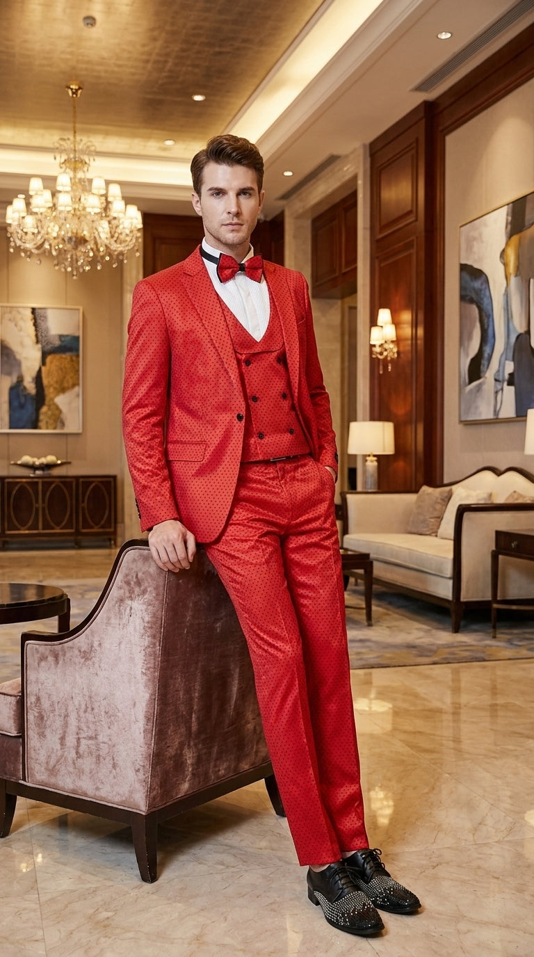 Tazio Men’s Cherry Red and Black Polka-Dot 3-Piece Suit – Skinny Fit Prom, Wedding and Party Suit or Tuxedo