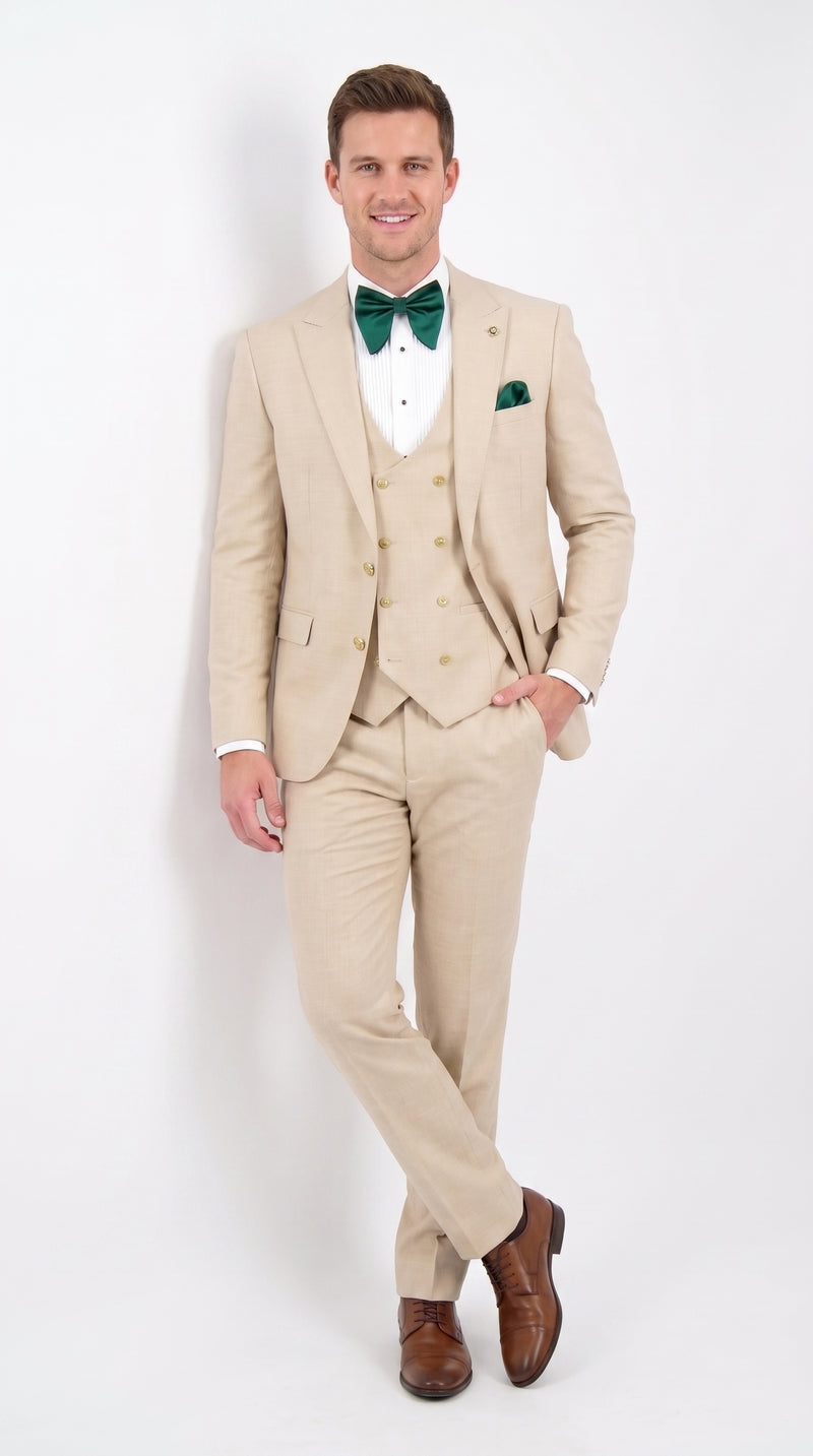 Men’s Khaki Tan 3-Piece Groomsmen Suit – Wedding Suit with Double-Breasted Vest and Pants Great Gatsby Style Gold buttons