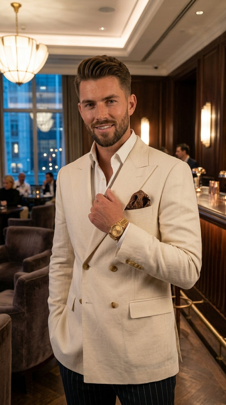 Men’s Ivory Linen Double Breasted Blazer, Lightweight Wedding Dinner Sport Coat Jacket Cream Off White