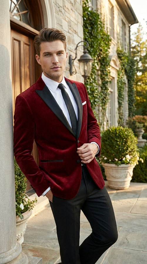 Velvet Velour Formal Sport Coat Two Tone Trimming Notch Collar Black and Burgundy ~ Maroon Suit ~ Wine Color Men's blazer Burgundy Tuxedo