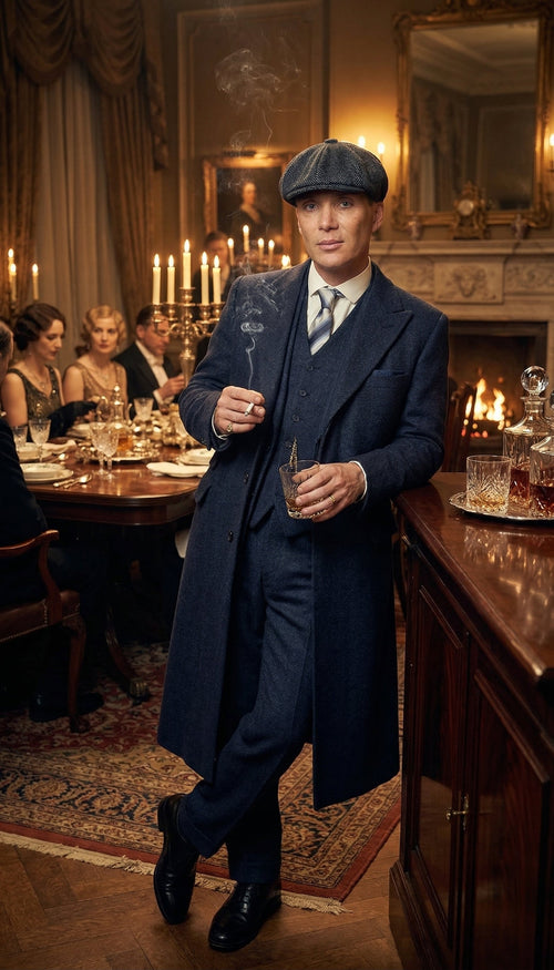 Men’s Navy Blue Herringbone Tweed 1920s 3 Piece Suit with Overcoat – Vintage Peaky Blinder Style Formal Suit Set with Blazer, Waistcoat + Overcoat + Hat