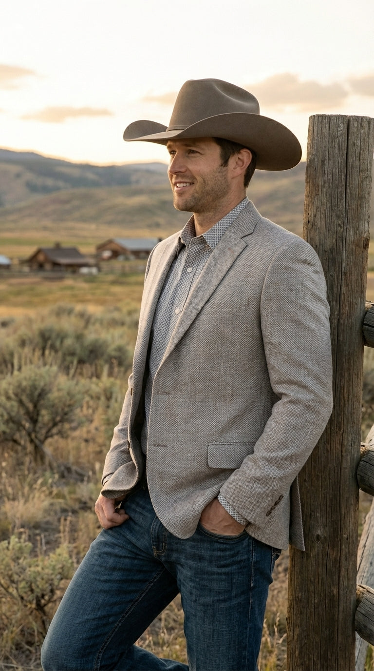 Mens Textured Light Grey Western Blazer – Cowboy Style Casual Sport Coat for Men Classic Western Jacket