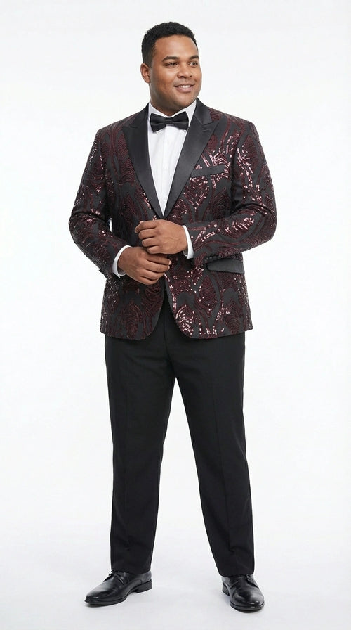 Men’s Black and Burgundy Sequin Blazer – Black Sparkle Sequin Party Blazer with Burgundy Pattern for Prom, Wedding Slim Fitted