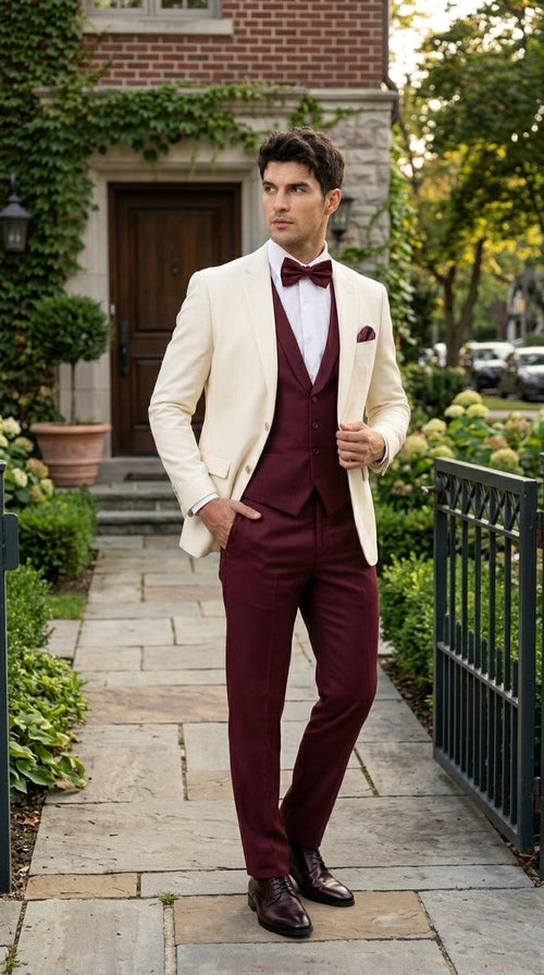 Menās Cream Ivory and Burgundy 3 Piece Tuxedo Suit, Vested Formal Wedding Prom Dinner Suit in Cream Off White Color