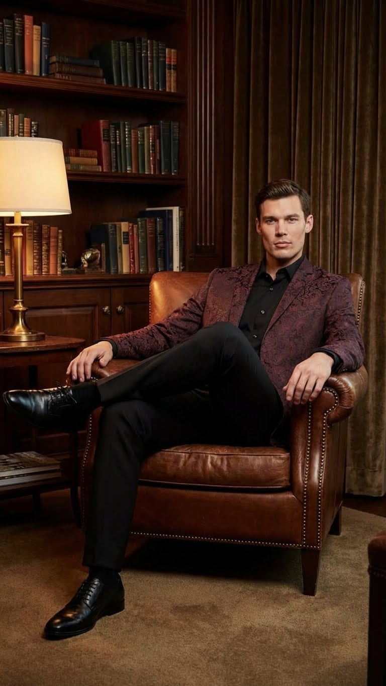 Burgundy velvet paisley blazer with floral pattern, single-breasted, notched lapels. Paired with slim black trousers for men.