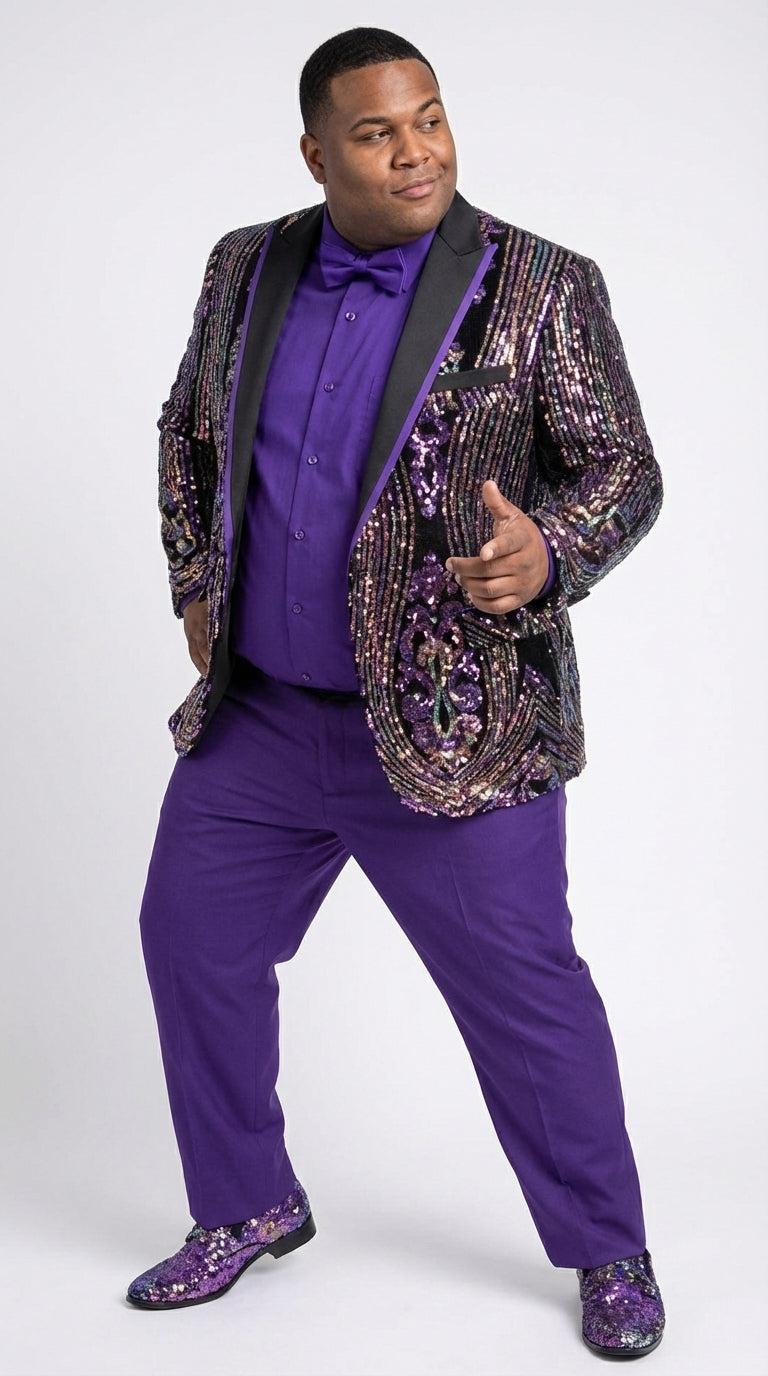 Mens Mardi Gra Black and Purple and Gold Sequin Tuxedo Jacket Set – Designer with Floral Pattern Jacket Formal Wedding Party Wear Bowtie