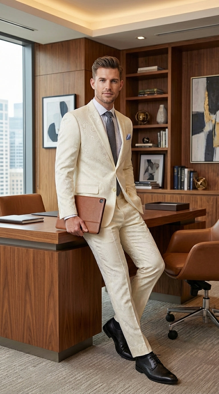 Men’s Ivory Paisley Shiny Suit – Flroal Formal Wedding and Prom Suit for Party, in Cream Off White