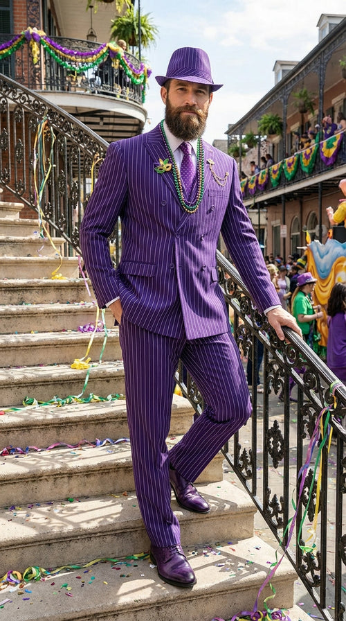 Men’s Purple Pinstripe Mardi Gras Suit | Classic Double Breasted Formal Carnival Suit