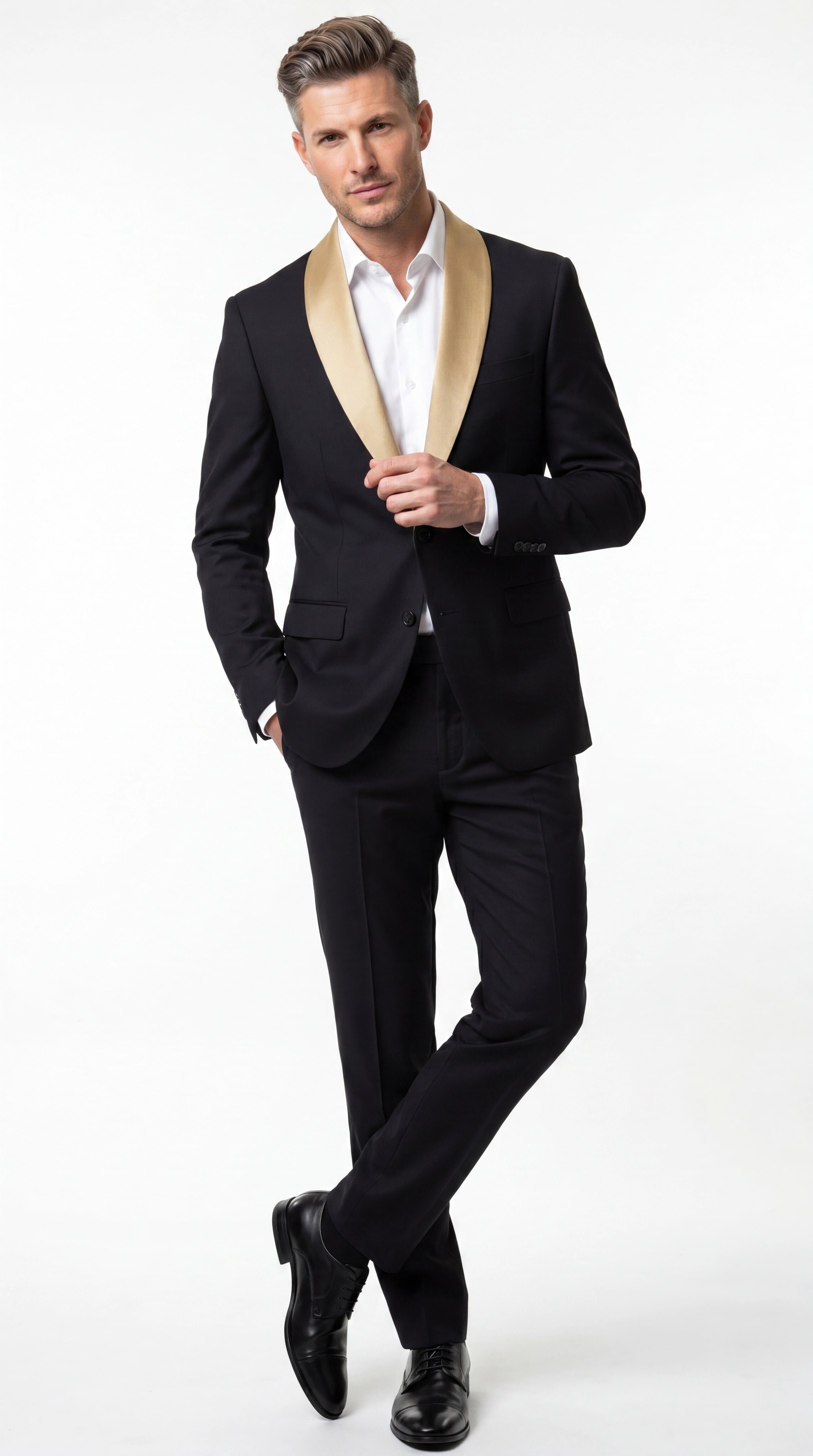 Men’s Black Suit with Gold Lapel – Luxury Formal Tuxedo Style Suit for Wedding, Prom, Party and Evening Wear