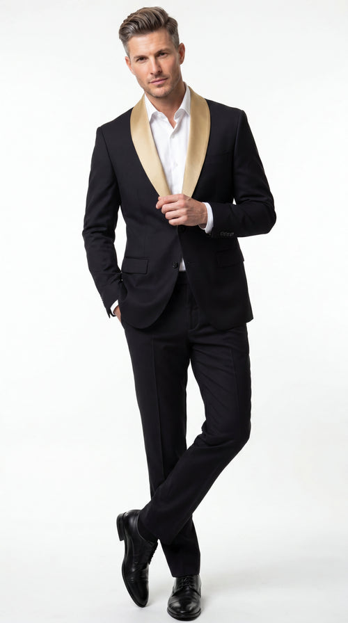 Men’s Black Suit with Gold Lapel – Luxury Formal Tuxedo Style Suit for Wedding, Prom, Party and Evening Wear