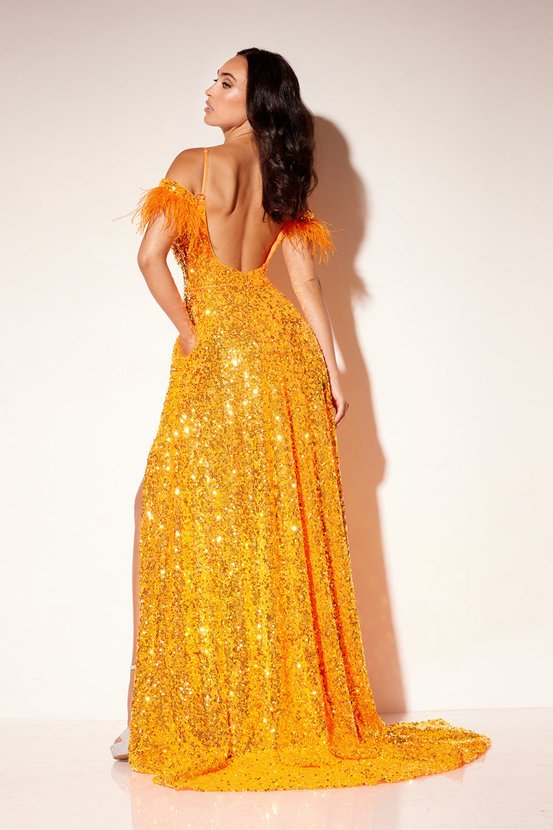 Sequin Off Shoulder A-line Slit Gown by Lucci Lu 1305