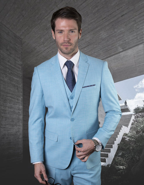 Men's slim fit turquoise wool suit with a 2-button jacket, notched lapel, and front pockets. Includes a matching vest. Trousers feature a straight leg. Subtle textured wool.