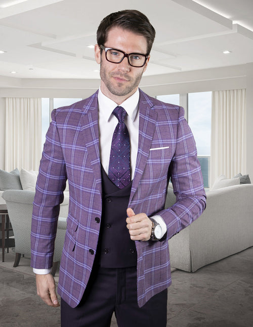 Men's eggplant suit with purple plaid. Features a low-cut vest, two front pockets, and a notch lapel. Classic 2-button design.