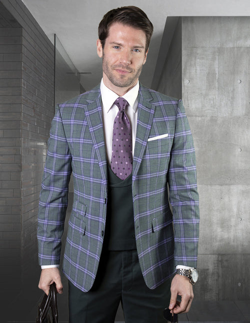 Men's hunter green plaid suit with purple accents, featuring a 2-button jacket and low-cut matching vest. Made from textured fabric.