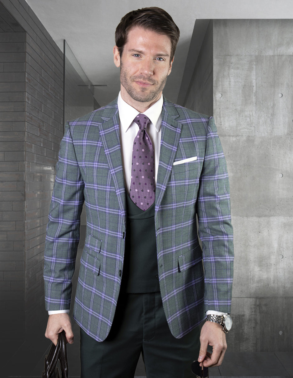 Men's hunter green plaid suit with purple accents, featuring a 2-button jacket and low-cut matching vest. Made from textured fabric.
