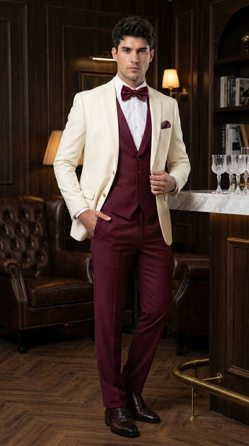 Menās Cream Ivory and Burgundy 3 Piece Tuxedo Suit, Vested Formal Wedding Prom Dinner Suit in Cream Off White Color