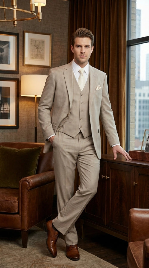 Men’s Tan Pinstripe Three Piece Suit – Classic Fit Pleated Pants Tan Sand Beige Wedding, Church Shadow Ton on Tone Business Suit for Men