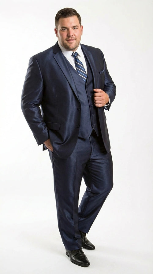 Men’s Navy Blue Sharkskin 3 Piece Suit – Two Button Vested Shiny Formal Suit for Wedding, Prom, Business and Party Wear