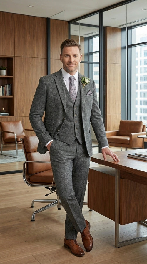 Men’s Peaky Blinder Light Grey Tweed Suit with Vest – Classic Three Piece Formal Suit, Vintage Wedding Business Outfit