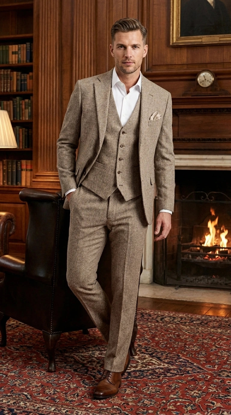 Men’s Light Beige Herringbone Tweed Suit with Vest – Classic Three Piece Formal Suit, Vintage Business Wedding Outfit, Elegant Smart Casual Wear