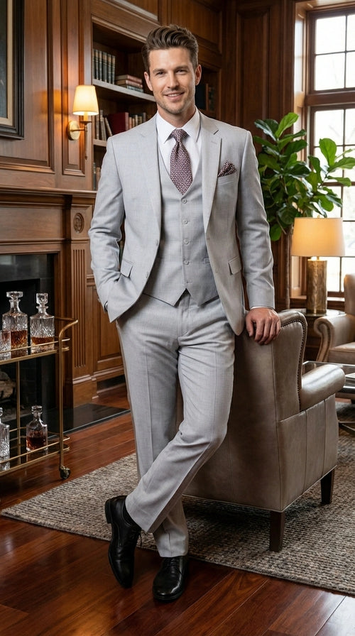 Men’s Light Grey Sharkskin 3 Piece Suit – Two Button Vested Modern Formal Business Suit for Wedding in silver Ice Gray