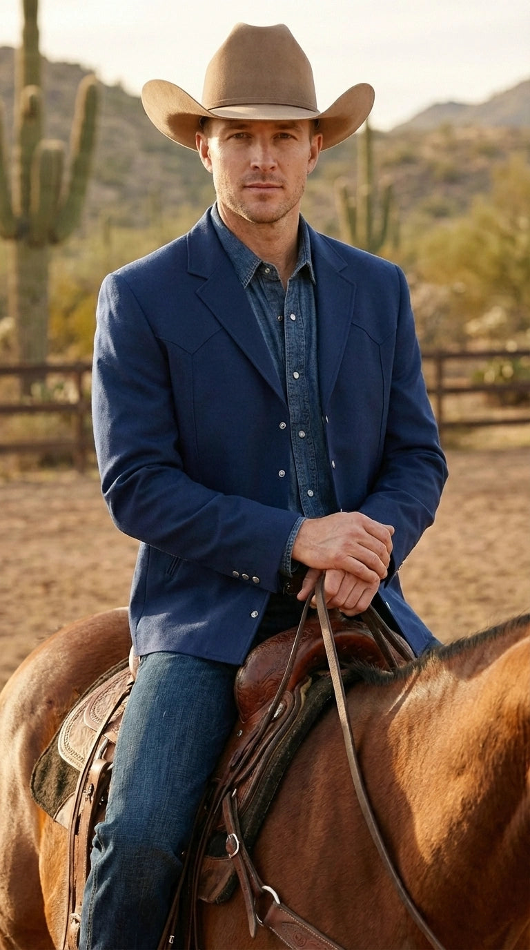 Mens Navy Blue Western Blazer Set – Cowboy Style Jacket and Pants Outfit Classic Country Western Blazer