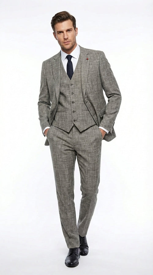 Vitali Brand Men’s Grey Textured Patterned 3 Piece Suit – Modern Fit Checkered Sharkskin with Blazer, Vest & Trousers, Business Wedding