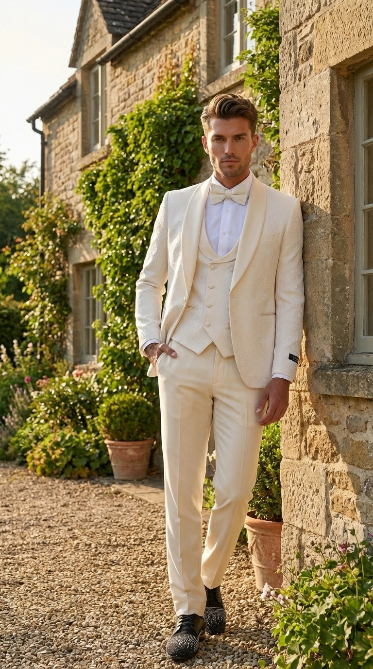 Men’s Ivory Paisley Tuxedo Suit 3 Piece – One Button Vested Satin Formal Suit for Wedding in Off white Cream Color