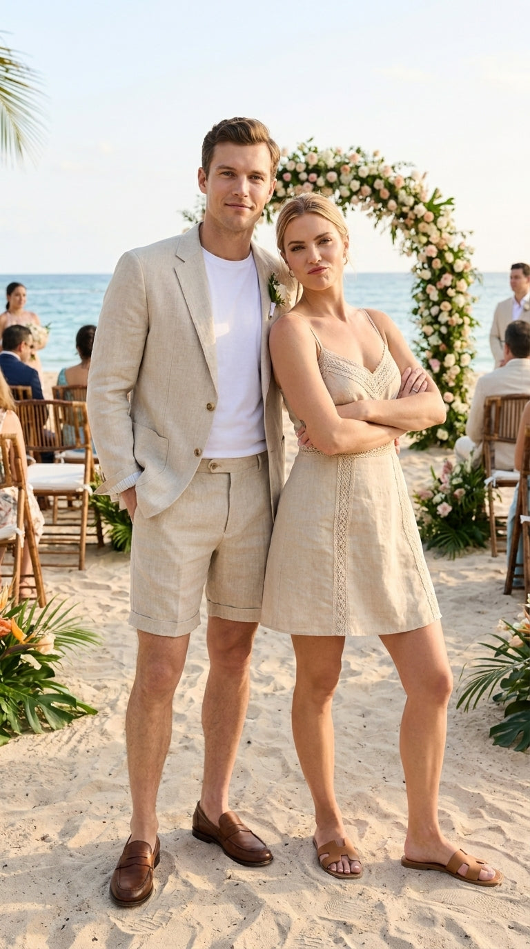 Menās Tan Linen Suit with Shorts, 2 Piece Summer Short Suit, Casual Beach Wedding Outfit
