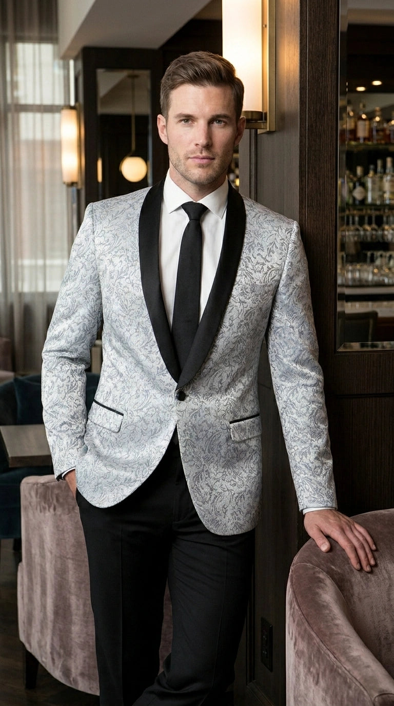 Men’s Silver and Black Floral Blazer – Elegant Formal Tuxedo Style Blazer Jacket for Wedding, Party, Prom and Evening Wear