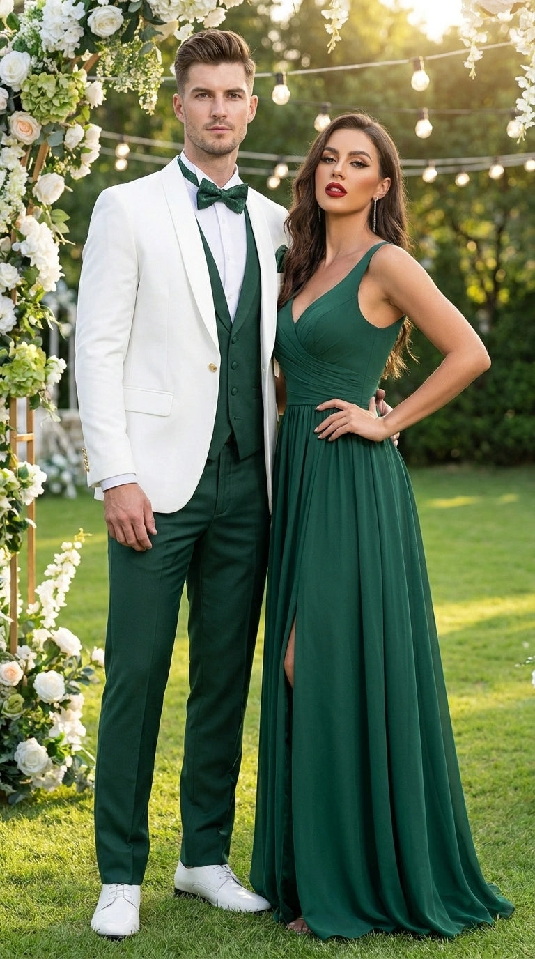 Men’s White and Hunter Green 3 Piece Suit – Elegant Formal Suit with Vest, Wedding Tuxedo Suit for Prom and Party Wear