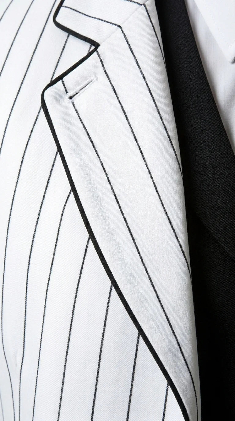 Men’s White Pinstripe 1920s Gangster 3 Piece Suit, Black Contrast Formal Costume Suit for Parties, Prom, Weddings, and Theme Events