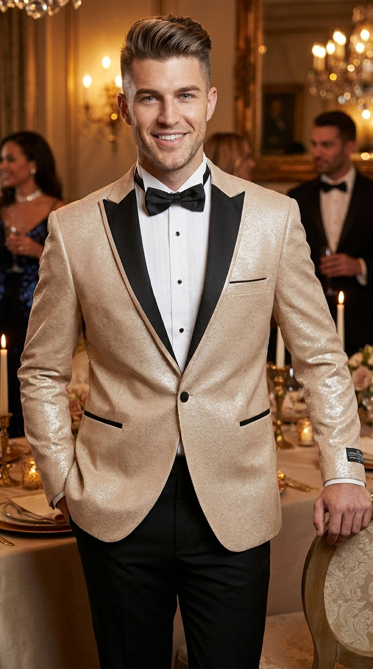 Men’s Gold Blazer with Black Lapel – Elegant Gold Formal Blazer Jacket for Wedding, Prom, Tuxedo in champagne Color