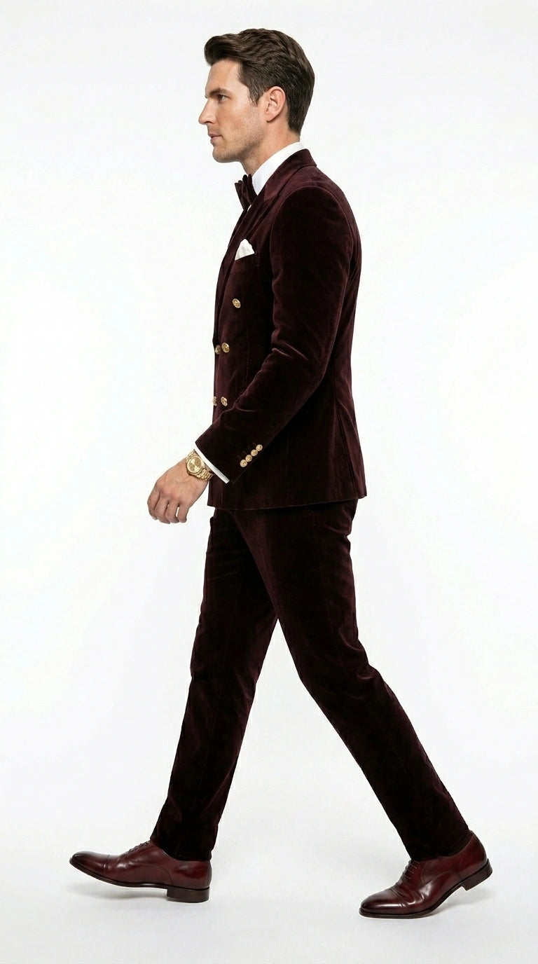 Men’s Dark Brown Velvet Blazer and Pants 2 Piece Suit, Double Breasted Formal Dinner Suit for Weddings, Prom
