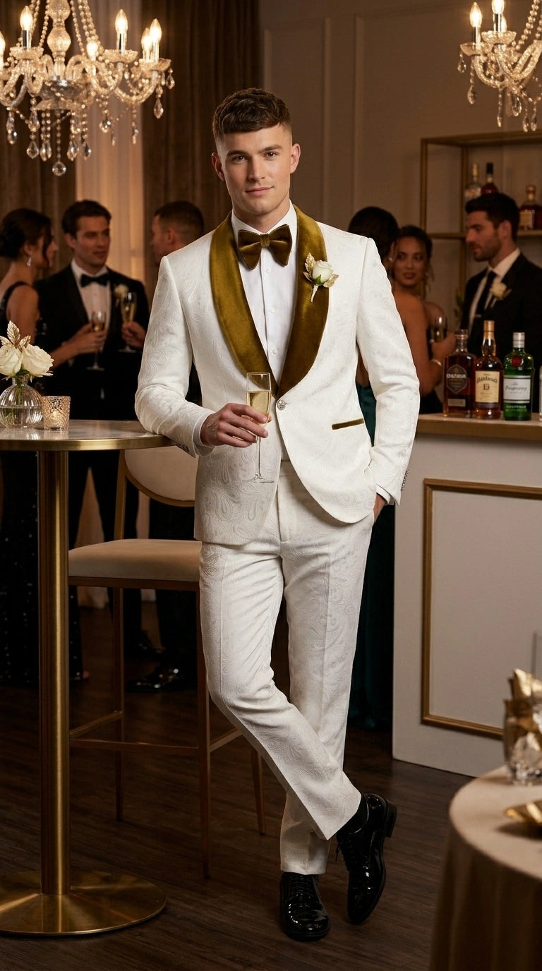 Men’s White Paisley 3 Piece With Vest Prom Tuxedo with Gold Velvet Shawl Lapel, Formal Wedding Suit Set