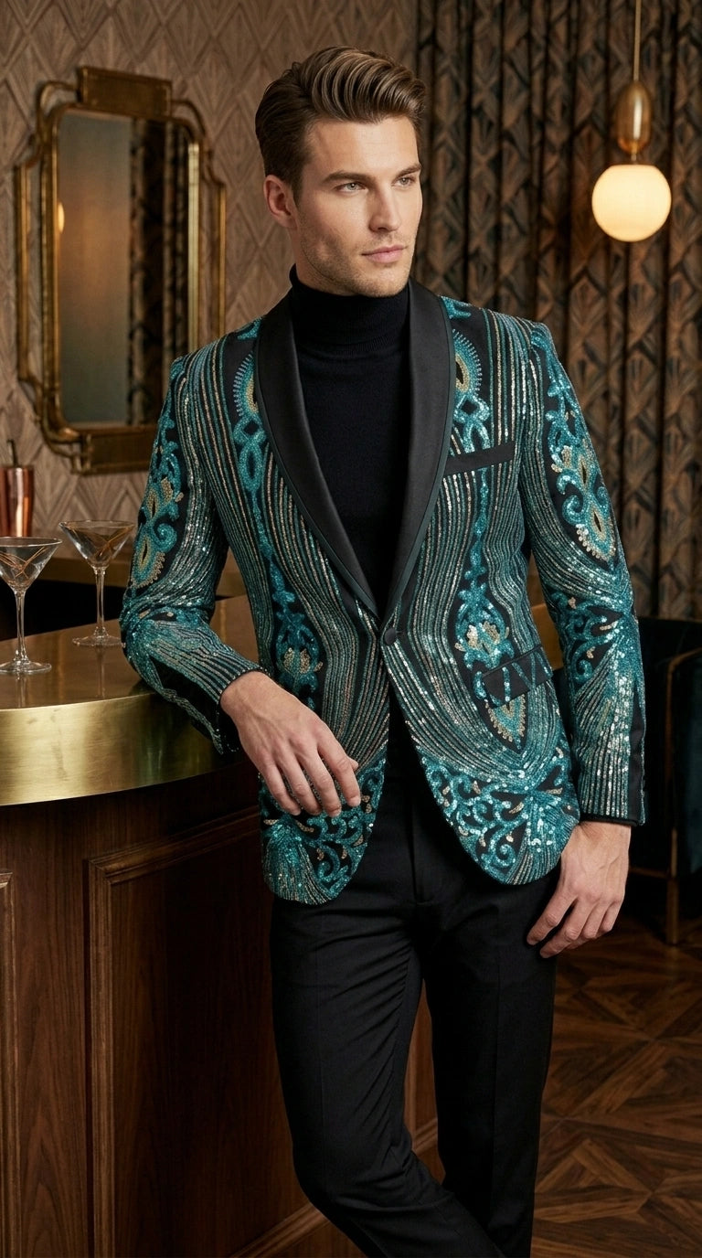 Men’s Black and Turquoise Blue With teal green Sequin Dinner Jacket, Formal Prom Wedding Paisley Floral Mardi Gra Pattern