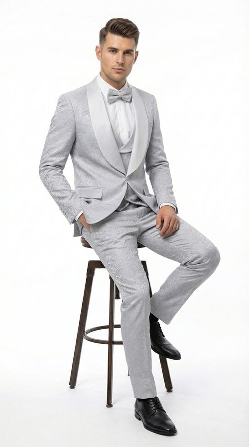 Mens Light Silver Wedding Tuxedo Suit – Paisley Fabric Three Piece Formal Suit Set with Shawl Lapel for Groom, Prom, Gala and ice Grey