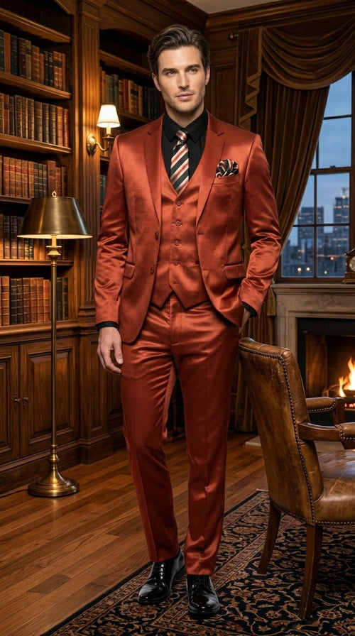 Menās Rust Copper Coganc Shiny Sateen 3 Piece Suit, Vested Formal Wedding Prom Suit Set Ultra Slim Fit
