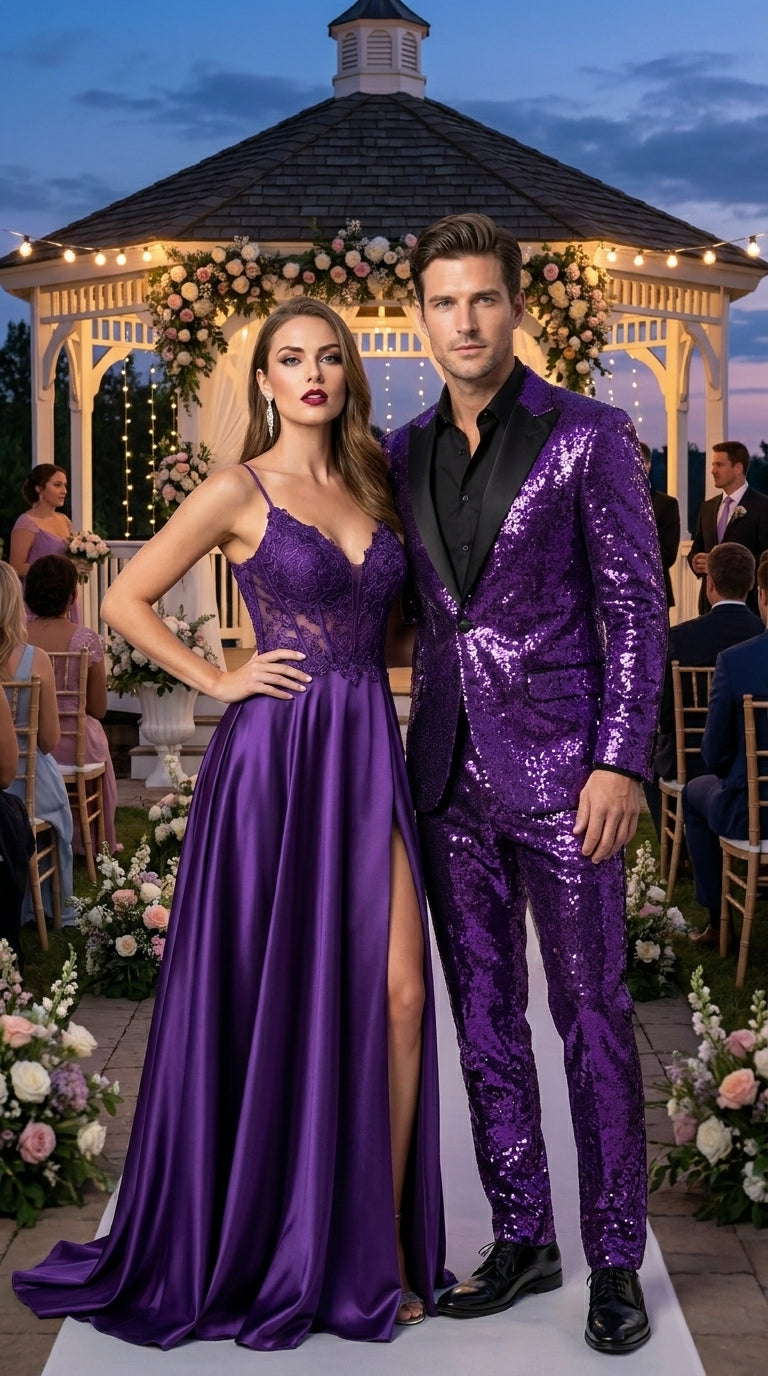 Men’s Purple Glitter Tuxedo Suit with Black Lapel, Party Stage Performance Formal Suit