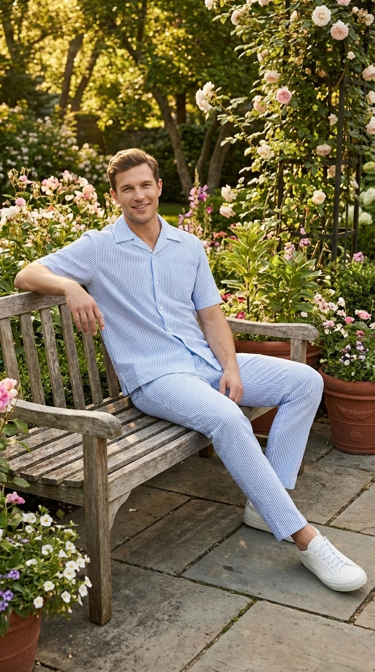 ens Light Blue Seersucker Walking Suit Set – Casual Summer Short Sleeve Outfit with Matching Pants Lightweight Two Piece Outfit
