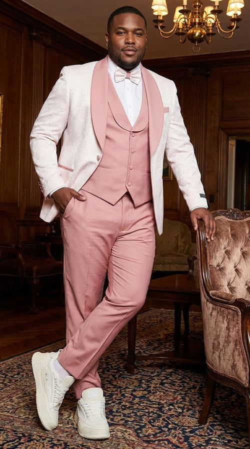 Men’s Cream and Rose Pink Prom Suit – Cream Tuxedo Jacket with Rose Pink Pants and Shawl Lapel Formal Suit for Prom and Wedding